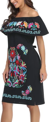 Vista 4 de YZXDORWJ Vestido bordado mexicano sin mangas con cuello de volantes para mujer