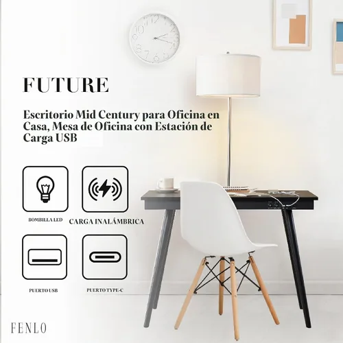 Vista 3 de FENLO Future - Escritorio moderno de 39 pies con estación de carga inalámbrica USB-C y Qi