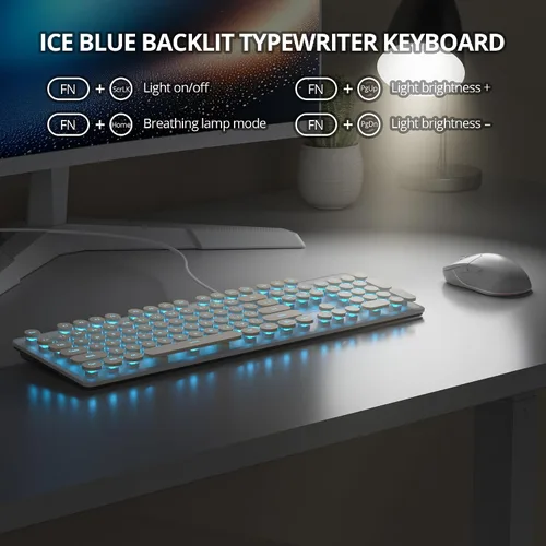 Vista 5 de Teclado de máquina de escribir retro con cable, teclado silencioso de computadora iluminado con 104 teclas redondas de tamaño completo, Azul