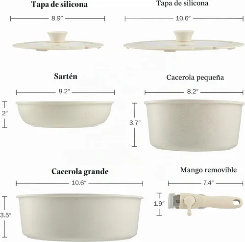Vista 4 de Home-Complete - Juego de utensilios de cocina de cerámica antiadherente de inducción de 8 piezas con mango desmontable, tapas, espátula y sartén