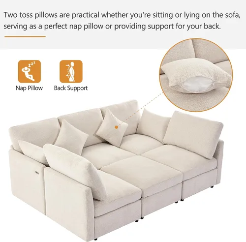 Vista 6 de Sofá modular en forma de U de 86.6 pulgadas, sofá cama en forma de L con una otomana móvil y dos puertos USB para sala de estar (beige)