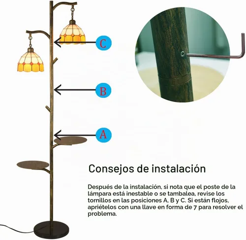 Vista 7 de beaysyty Lámpara de Pie de Estilo Tiffany de Vidrio Manchado Retro con Bandeja, Lámpara de Pie Ajustable, Lámpara de Pie de Temperatura