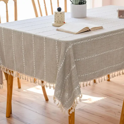 Vista 16 de Mantel rectangular de lino beige crema para comedor y cocina, mantel rectangular de arpillera de lino con borlas, resistente, rústico, campestre