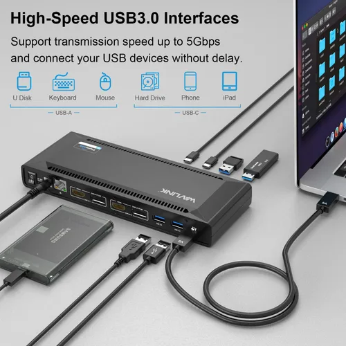 Vista 5 de WAVLINK Estación de acoplamiento universal USB C para laptop, monitores duales 5K/4K a 60Hz con carga de host de 65 W para Thunderbolt 4/3, USB-C