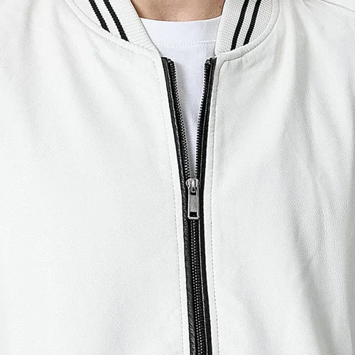 Vista 4 de chuida Chaqueta bomber de piel sintética para hombre, cuello alto, forro polar, resistente al viento, ligera, para motociclista, para carreras