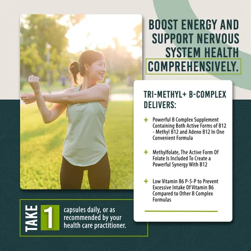 Vista 5 de Vitaminas B metiladas del complejo B Tri-Methyl+ - Suplemento vitamínico del complejo de metilo B de espectro completo para apoyo MTHFR con formas