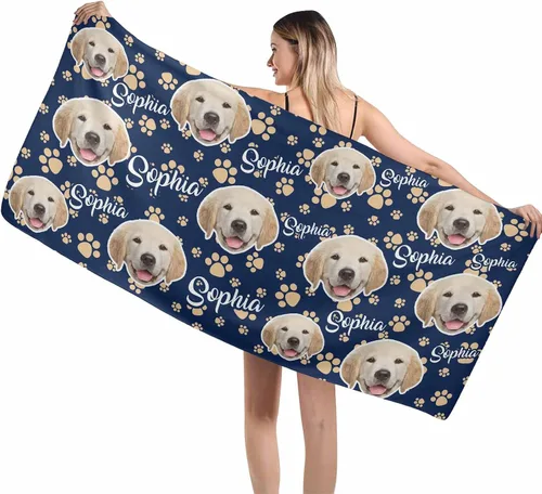 Vista 13 de MyPupSocks Toallas de playa personalizadas para niños y adultos, toalla de piscina con nombre y cara de perro, regalos personalizados con nombre