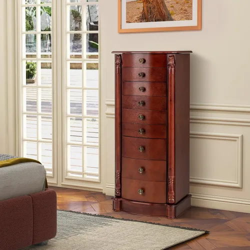 Vista 8 de GOFLAME Armario de joyería de pie, organizador de almacenamiento de joyas con espejo abatible superior, 2 puertas laterales, 8 cajones, armario