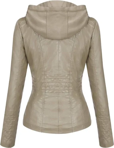 Vista 2 de Springrain Chaqueta de motociclista de cuero sintético para mujer con capucha desmontable Albaricoque
