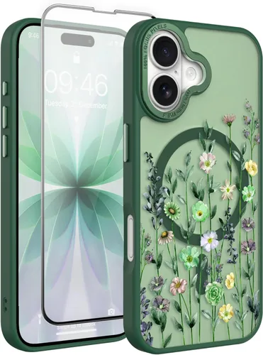 Vista 41 de Magnético para iPhone 13 con protector de pantalla [Compatible con MagSafe] Diseño de patrón floral de flores bonitas, funda delgada a prueba