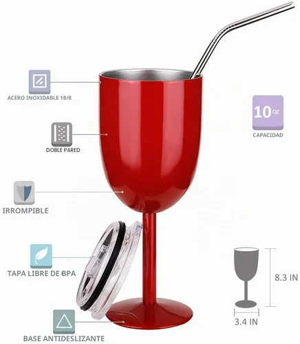 Vista 2 de AMZUShome Copas de vino de acero inoxidable. Vaso de vino de doble pared aislado al vacío con tapa y pajita. Amistad, Navidad, regalos de cumpleaños