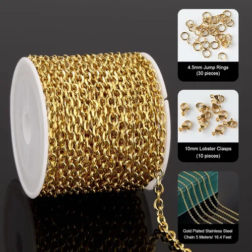Vista 2 de UMAOKANG - Cadenas de acero inoxidable chapadas en oro de 16.4 pies para fabricación de joyas 1.0 cable de oro