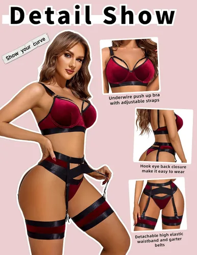 Vista 3 de Avidlove Lencería sexy para mujer con tiras con aros push up de 5 piezas con liga