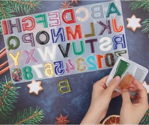 Vista 3 de EuTengHao Juego de 272 moldes de resina de silicona con letras y números, moldes de epoxi, llaveros de resina para joyería con llavero, anillos