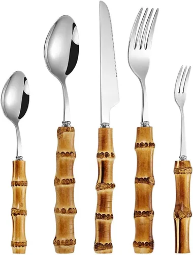 Vista 10 de Juego de cubiertos de bambú de 20 piezas con mango de bambú, juego de cubiertos de acero inoxidable, utensilios de cocina para el hogar