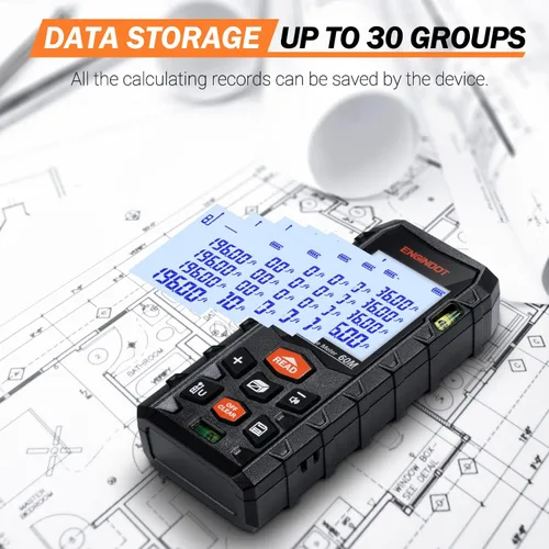 Vista 5 de ENGiNDOT - Medidor láser digital de distancia de 196 pies, con 2 niveles de burbujas, interruptor de Mpulgadaspiepie+in, impermeable IP54 y a prueba