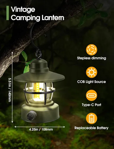Vista 4 de Linterna de campamento recargable con pilas 【Paquete de 2】, equipo de campamento imprescindible, accesorios de campamento, luz retro
