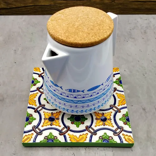 Vista 4 de Salvamanteles cuadrados de azulejos de cerámica portuguesa pintados a mano hecho en Portugal (TG8)