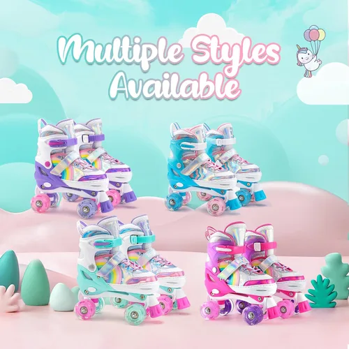 Vista 6 de SULIFEEL Rainbow Unicorn - Patines ajustables de 4 tamaños para niñas y niños de 3-5, 5-8, 6-12 años, patines para interiores y exteriores