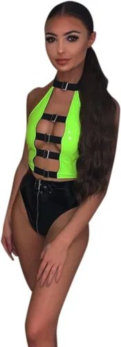 Vista 5 de Camiseta sin mangas sexy de piel sintética para mujer, con cordones, para club, fiesta, festival, raves