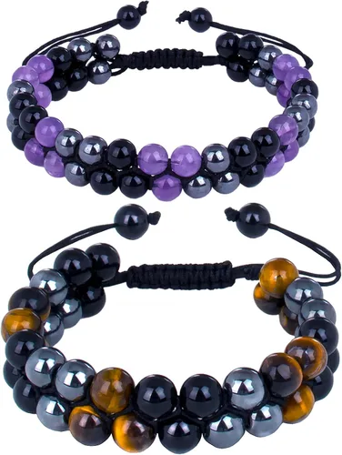 Vista 9 de Paquete de 2 pulseras de triple protección, obsidiana negra y hematita genuina de ojo de tigre y cuentas de hematita para hombres y mujeres, hechas