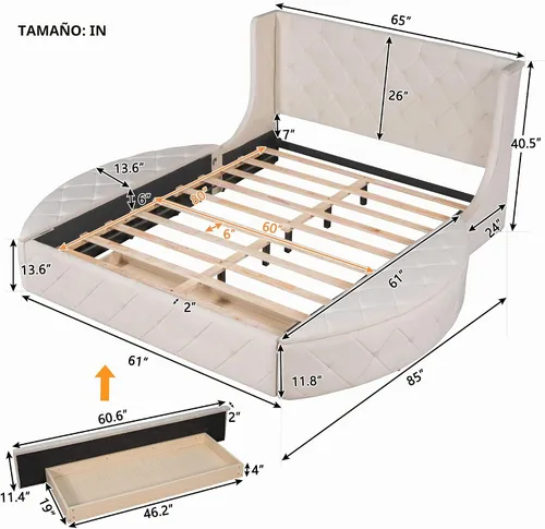 Vista 2 de SOFTSEA - Base de cama de tamaño queen de terciopelo con plataforma, base de cama tapizada con botones y cabecera de alas, 1 cajón grande y 2 Beige