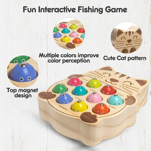 Vista 2 de Juego de pesca para niños de 3 a 5 años, madera Montessori Educación preescolar Aprendizaje Mano-Ojo Cognición y Habilidad Motora Fina Clasificación