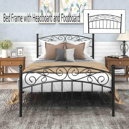 Vista 3 de Base de cama matrimonial de metal, plataforma moderna con cabecero/estribo, cámaras de base de colchón, base de cama resistente, no necesita somier
