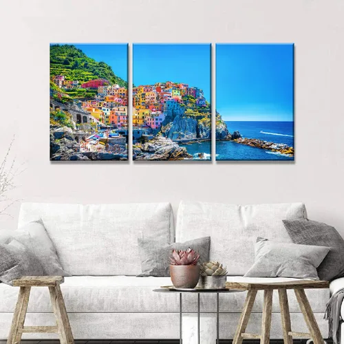 Vista 6 de NAN Wind 3 piezas de lienzo moderno pintura de pared paisaje urbano tradicional puerto mediterráneo mar Cinque Terre Italia costa paisaje impresión