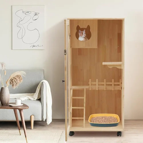 Vista 3 de Casa grande de madera para gatos de 2 pisos, refugio cómodo, multifunción, condominio para gatos, plataformas con ruedas