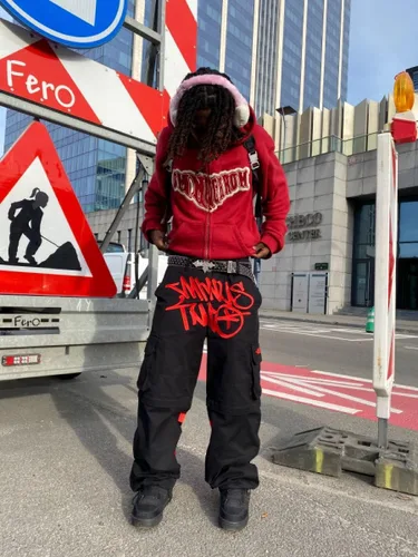Vista 3 de Menos dos pantalones holgados retro Hip hop Rock Punk Jeans Cargos piernas anchas cintura alta Hip Hop Pantalones de jogging sueltos Streetwear