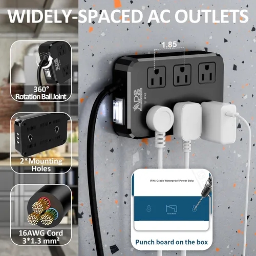 Vista 4 de Regleta de alimentación para exteriores IPX6 resistente a la intemperie, protector contra sobretensiones impermeable con 6 enchufes anchos con 3