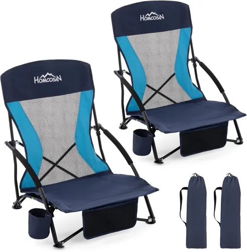 Vista 8 de Homcosan Silla de playa portátil baja plegable con paraguas desmontable, silla de campamento ligera para adultos con portavasos y bolsillo