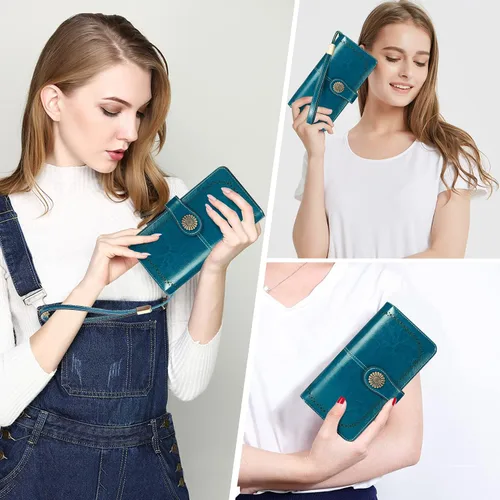 Vista 8 de HUANLANG Cartera grande de cuero para mujer con bolsillo para monedas, organizador de cartera RFID para mujer con correa para muñeca, Estilo 2