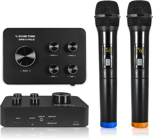 Vista 8 de Sound Town Sistema mezclador de karaoke con micrófono inalámbrico de 16 canales con 2 micrófonos inalámbricos, HD ARC, óptico (Toslink), AUX
