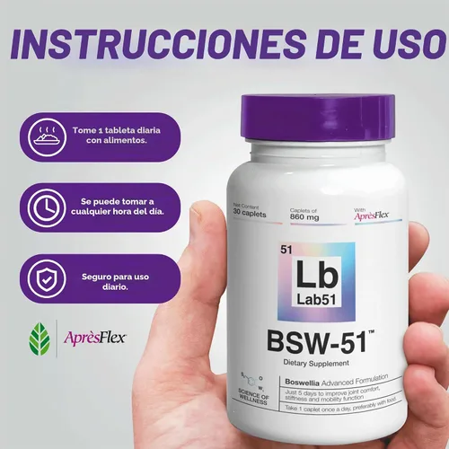 Vista 5 de Boswellia Serrata AprèsFlex® Advanced Joint Support - BSW-51 con ácido hialurónico, colágeno tipo II y piperina - 30 cápsulas, 860 mg cada una
