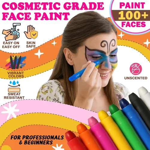Vista 2 de Jim&Gloria Kit de pintura facial con plantillas, 8 grandes kit de pintura facial profesional, maquillaje de pintura corporal lavable, crayones