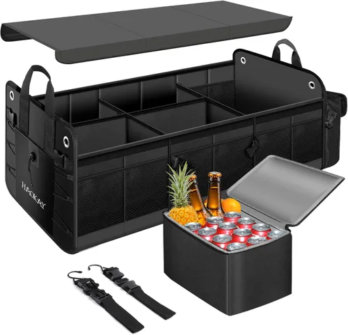 Vista 7 de HAOKAY Organizador de maletero de automóvil con tapa, resistente, extra grande, color negro, Oxford, multicompartimentos, plegable, para SUV