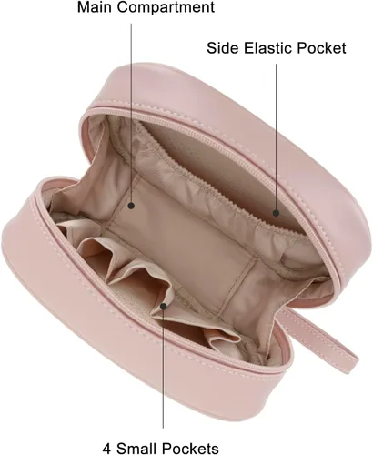 Vista 2 de E-Tree Bolsa de maquillaje de piel sintética para mujer, organizador de cosméticos de viaje con doble cremallera, bolsa de aseo pequeña impermeable