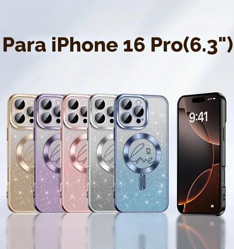 Vista 5 de Misscase Funda para iPhone 16 Pro Case Magnética con Purpurina con Protector Completo de Lente de Cámara, [Compatible con MagSafe] Linda Funda