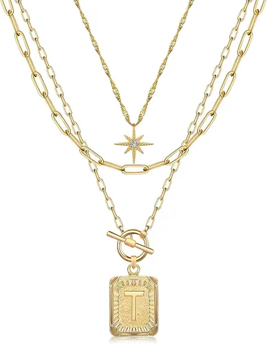 Vista 31 de MJartoria Collares con iniciales en capas para mujer, modernos, chapados en oro de 14 quilates, cadena de papel, collar sencillo con dije de Dorado