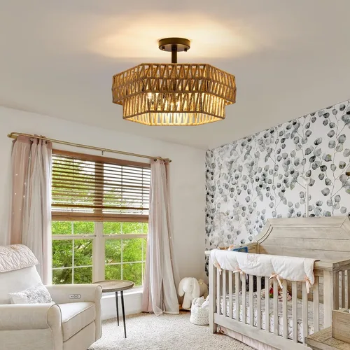 Vista 2 de XSDeTu Lámpara de techo semiempotrada de granja, 3 luces, estilo bohemio, lámpara de techo de cuerda de cáñamo tejida rústica, lámpara de techo