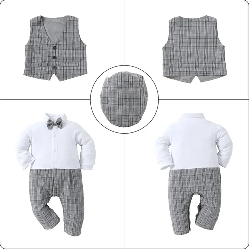 Vista 4 de HOSUKKO - Traje de bebé para caballero, mamelucos + boina + corbatín (0-24 meses)