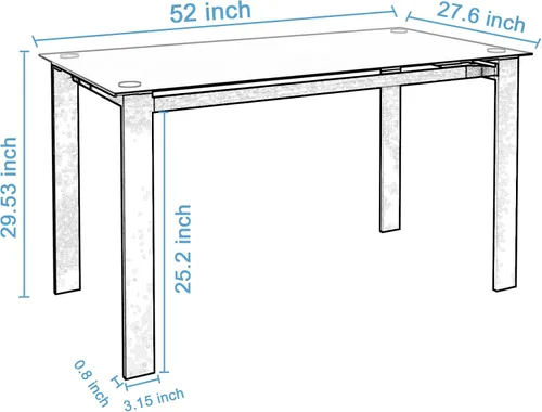 Vista 2 de Mesa de comedor rectangular de vidrio templado con patas de metal, color negro, 52 x 27.6 pulgadas x 29.5 pulgadas de alto