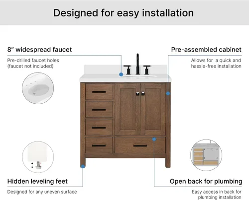 Vista 7 de ARIEL Cambridge tocador de baño con fregadero, madera maciza, encimera y protector contra salpicaduras de cuarzo blanco puro de 1.5 pulgadas
