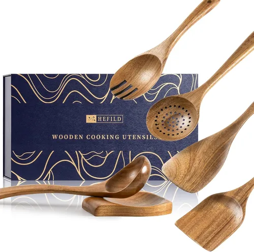 Vista 16 de cucharas de madera para cocinar, juego de utensilios de cocina antiadherentes con 10 piezas de espátulas y cucharas de madera de acacia