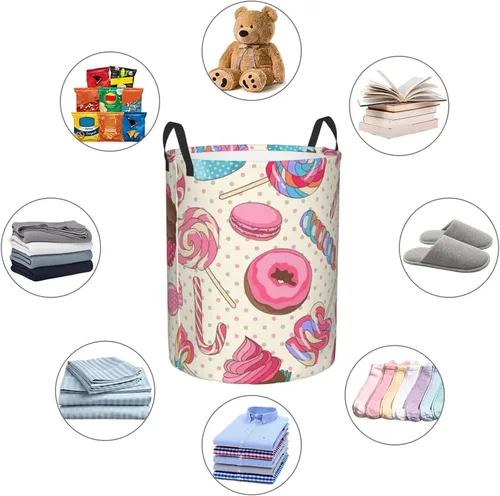 Vista 6 de Cesta de almacenamiento circular Protable con estampado de magdalena de piruleta dulce, cesta para ropa sucia con asas, ropa de dormitorio