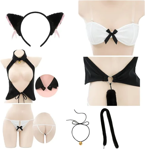 Vista 6 de Lencería sexy para mujer, juego de rol travieso de Catgirl para sexo con gato, disfraz de criada Lolita Cosplay con conjunto de cola