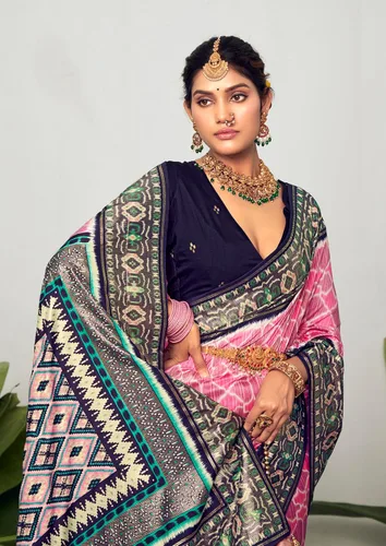 Vista 3 de Elina fashion Sari de algodón con estampado de cheurón de seda para mujer con blusa sin coser para ella