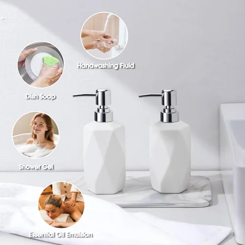 Vista 6 de Dispensador de jabón FE, dispensador de loción de rombo de cerámica de 400 gr / 13.5 oz, dispensador de jabón para cocina, baño y baño